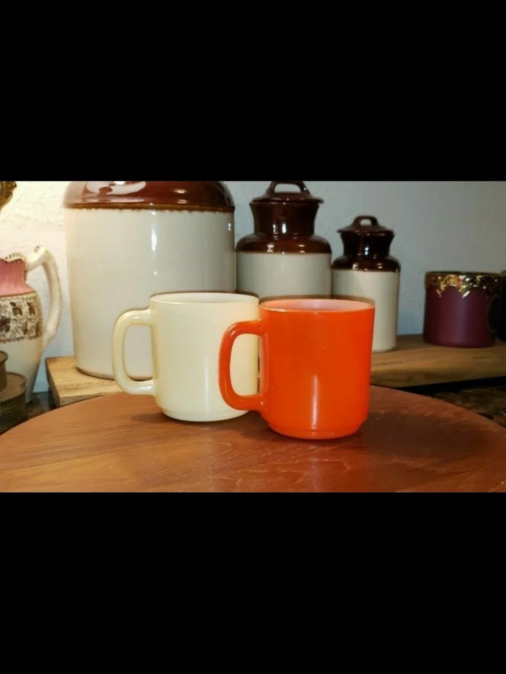 Glasbake Mugs, Set Of Two (2)Orangish-Red & Ivory